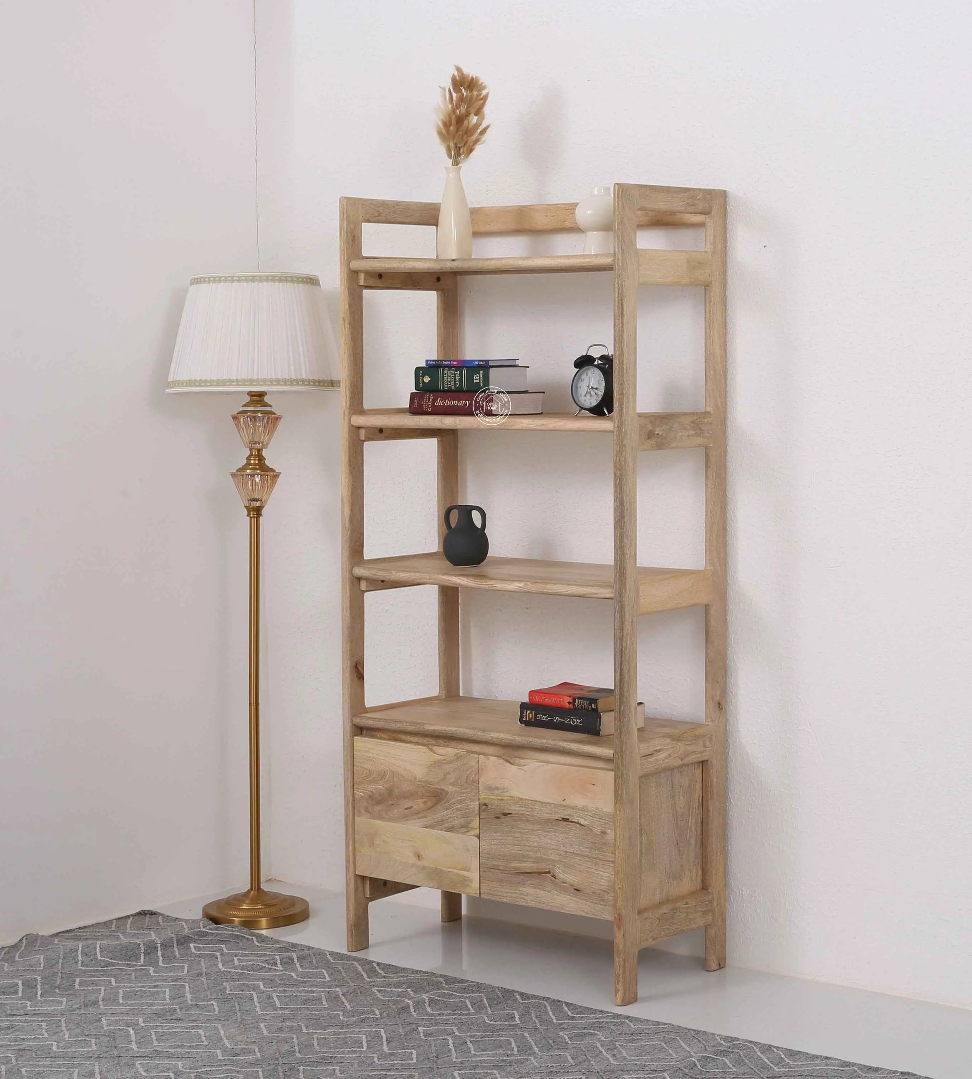 Venus Wooden Bookcase – 2 Doors, Solid Mango Wood, Natural Finish, Tall Storage | Opelhome UAE