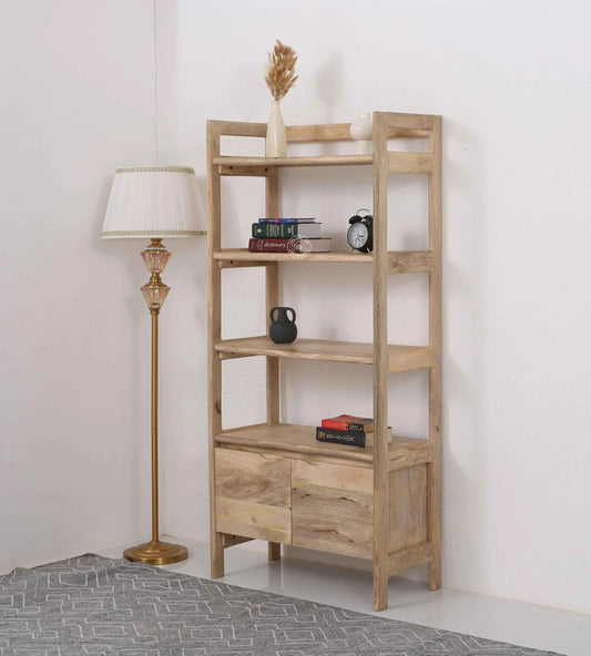 Venus Wooden Bookcase – 2 Doors, Solid Mango Wood, Natural Finish, Tall Storage | Opelhome UAE