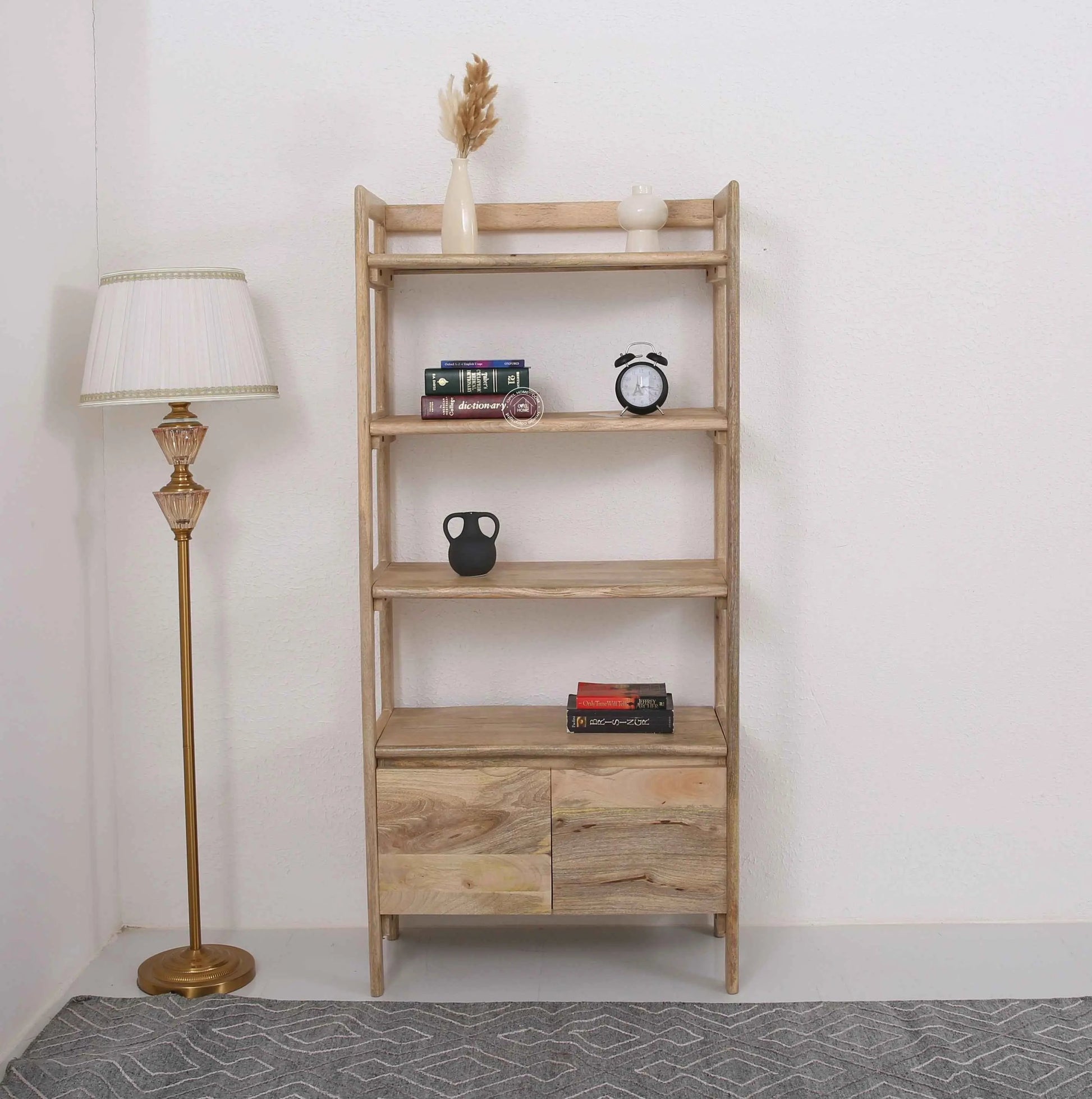 Venus Wooden Bookcase – 2 Doors, Solid Mango Wood, Natural Finish, Tall Storage | Opelhome UAE