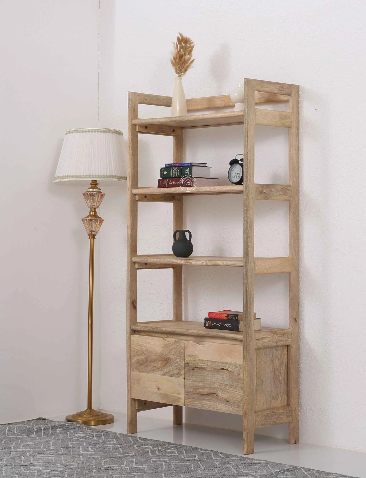 Venus Wooden Bookcase – 2 Doors, Solid Mango Wood, Natural Finish, Tall Storage | Opelhome UAE