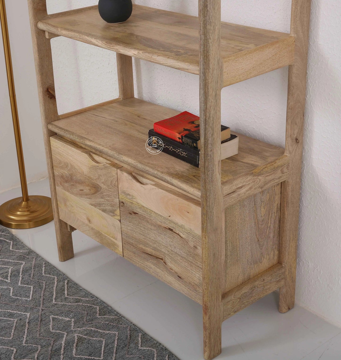 Venus Wooden Bookcase – 2 Doors, Solid Mango Wood, Natural Finish, Tall Storage | Opelhome UAE