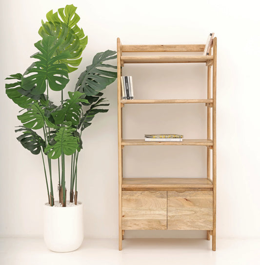Venus Wooden Bookcase – 2 Doors, Solid Mango Wood, Natural Finish, Tall Storage | Opelhome UAE Opel Home