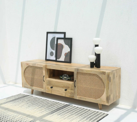 Versa Rattan Doors TV Unit – Solid Mango Wood, Natural Finish, Ample Storage | Opelhome UAE
