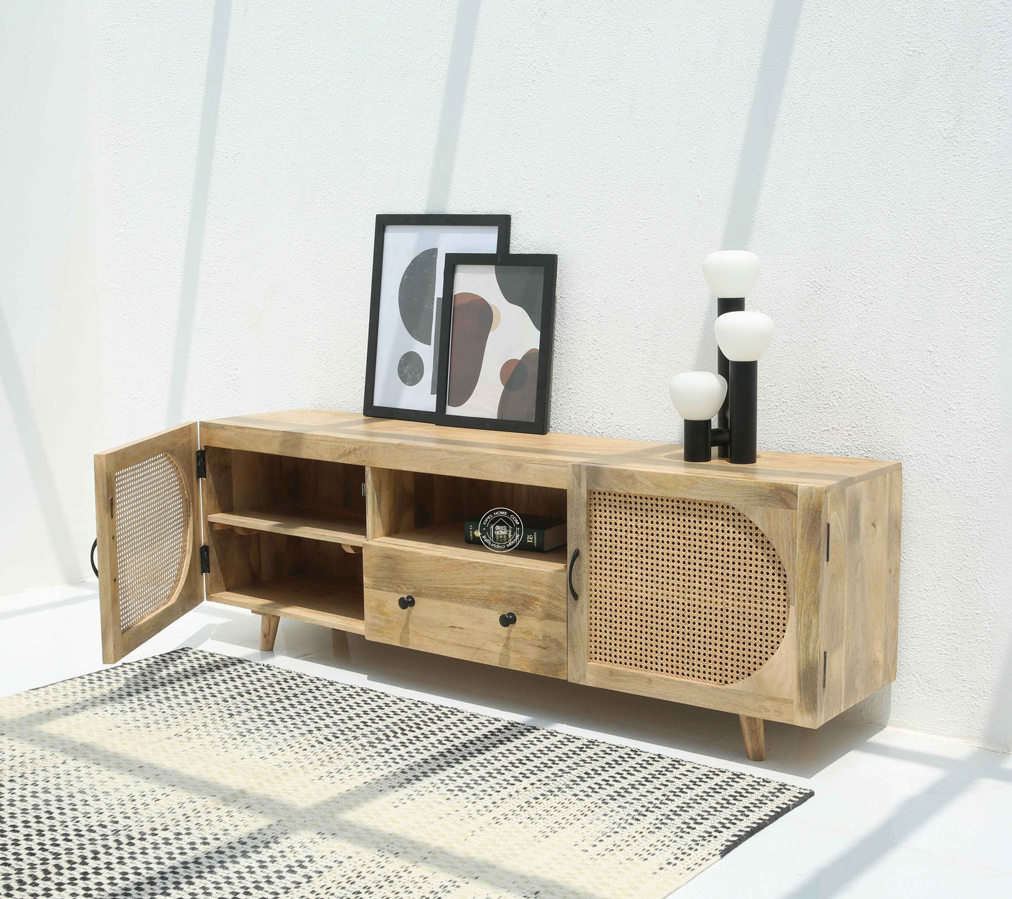 Versa Rattan Doors TV Unit – Solid Mango Wood, Natural Finish, Ample Storage | Opelhome UAE
