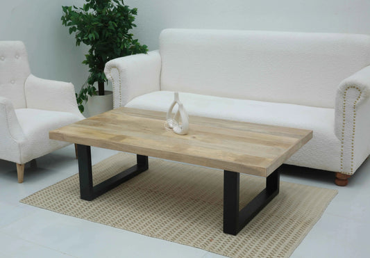 Webster Coffee Table – Solid Mango Wood Top, Black Metal Base, Natural Finish | Opelhome UAE