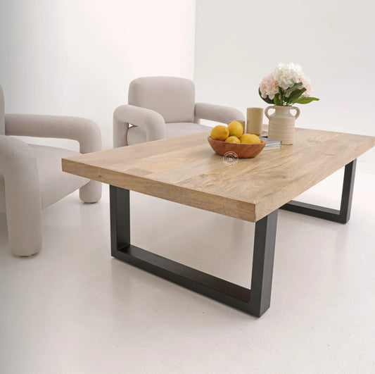 Webster Coffee Table – Solid Mango Wood Top, Black Metal Base, Natural Finish | Opelhome UAE Opel Home