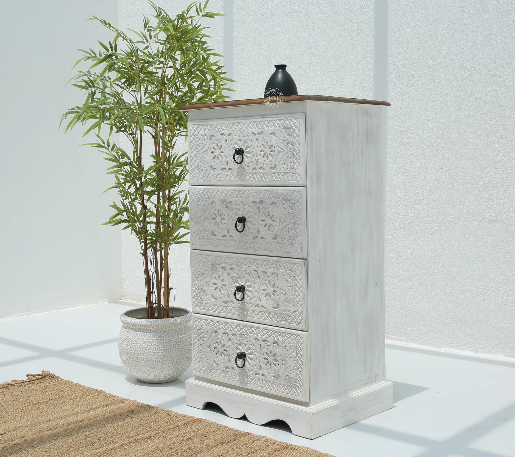 Willow Chest of Carved Drawers – Solid Mango Wood, White Finish | Opelhome UAE - Opelhome