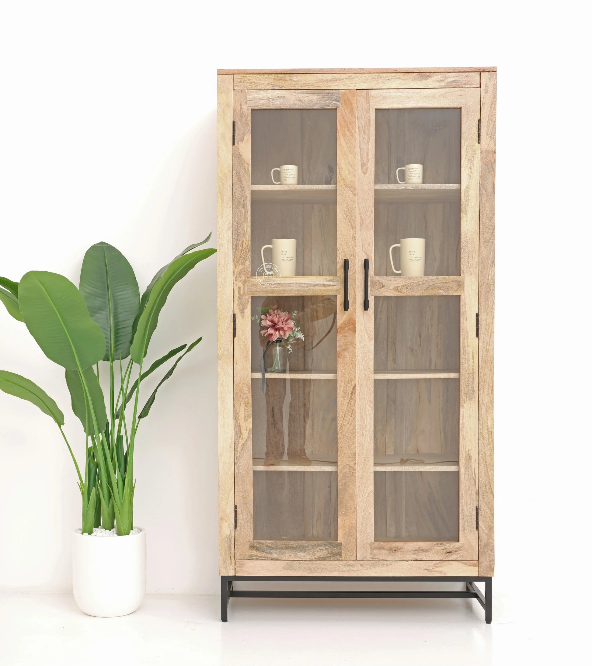 Wine 2 Door Glass Display Unit – Solid Mango Wood, Natural Finish, Tall Cabinet | Opelhome UAE Opel Home