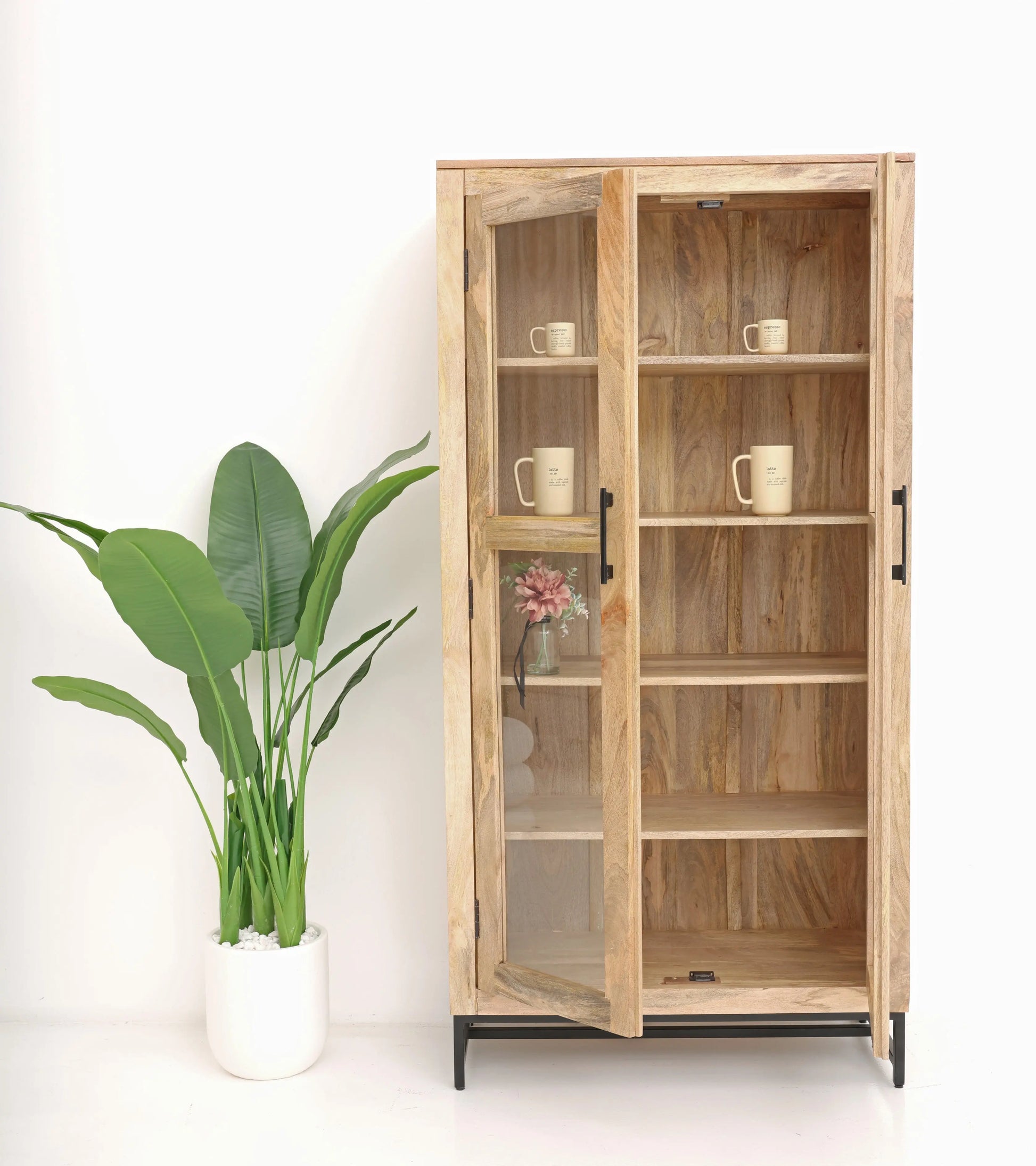 Wine 2 Door Glass Display Unit – Solid Mango Wood, Natural Finish, Tall Cabinet | Opelhome UAE Opel Home