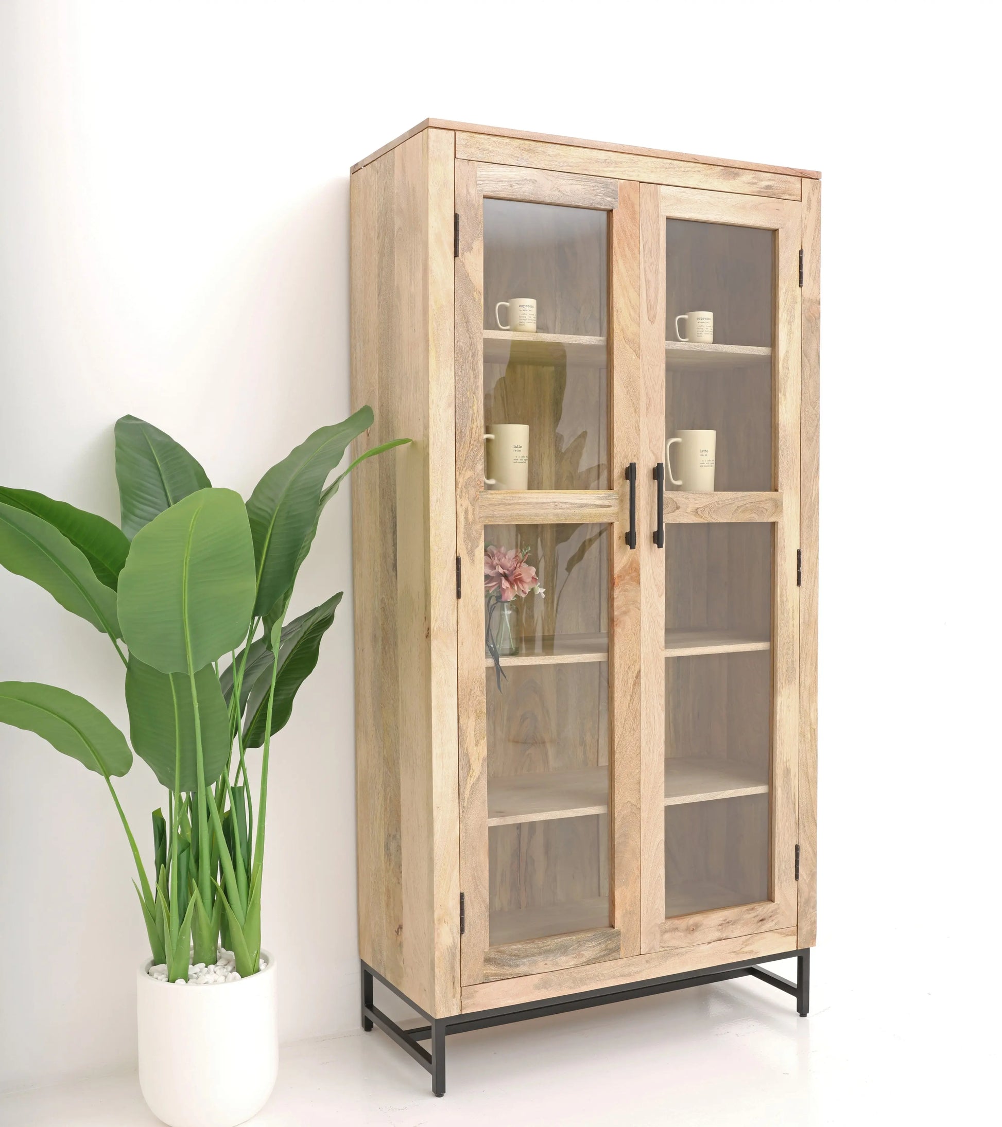 Wine 2 Door Glass Display Unit – Solid Mango Wood, Natural Finish, Tall Cabinet | Opelhome UAE Opel Home