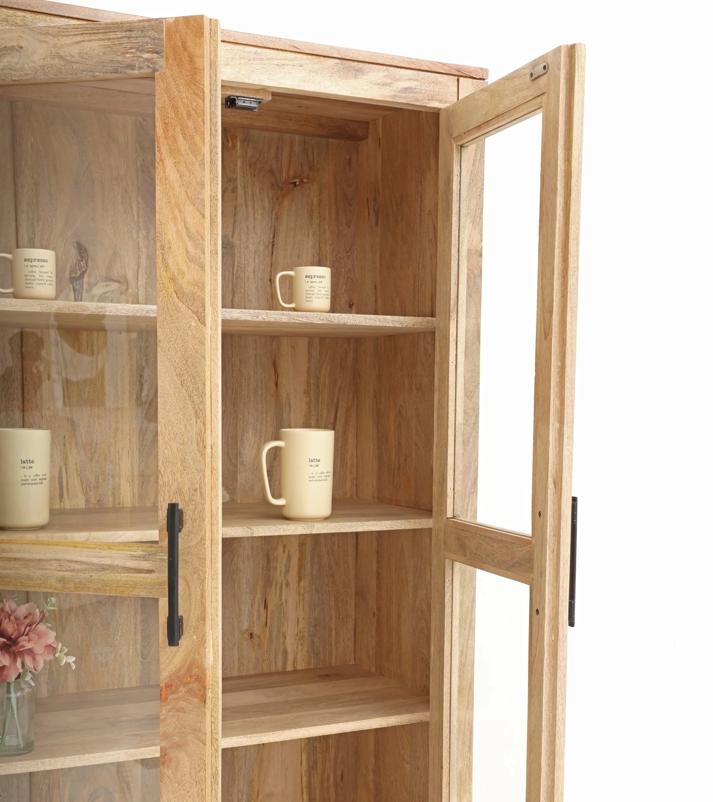 Wine 2 Door Glass Display Unit – Solid Mango Wood, Natural Finish, Tall Cabinet | Opelhome UAE Opel Home