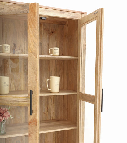 Wine 2 Door Glass Display Unit – Solid Mango Wood, Natural Finish, Tall Cabinet | Opelhome UAE Opel Home
