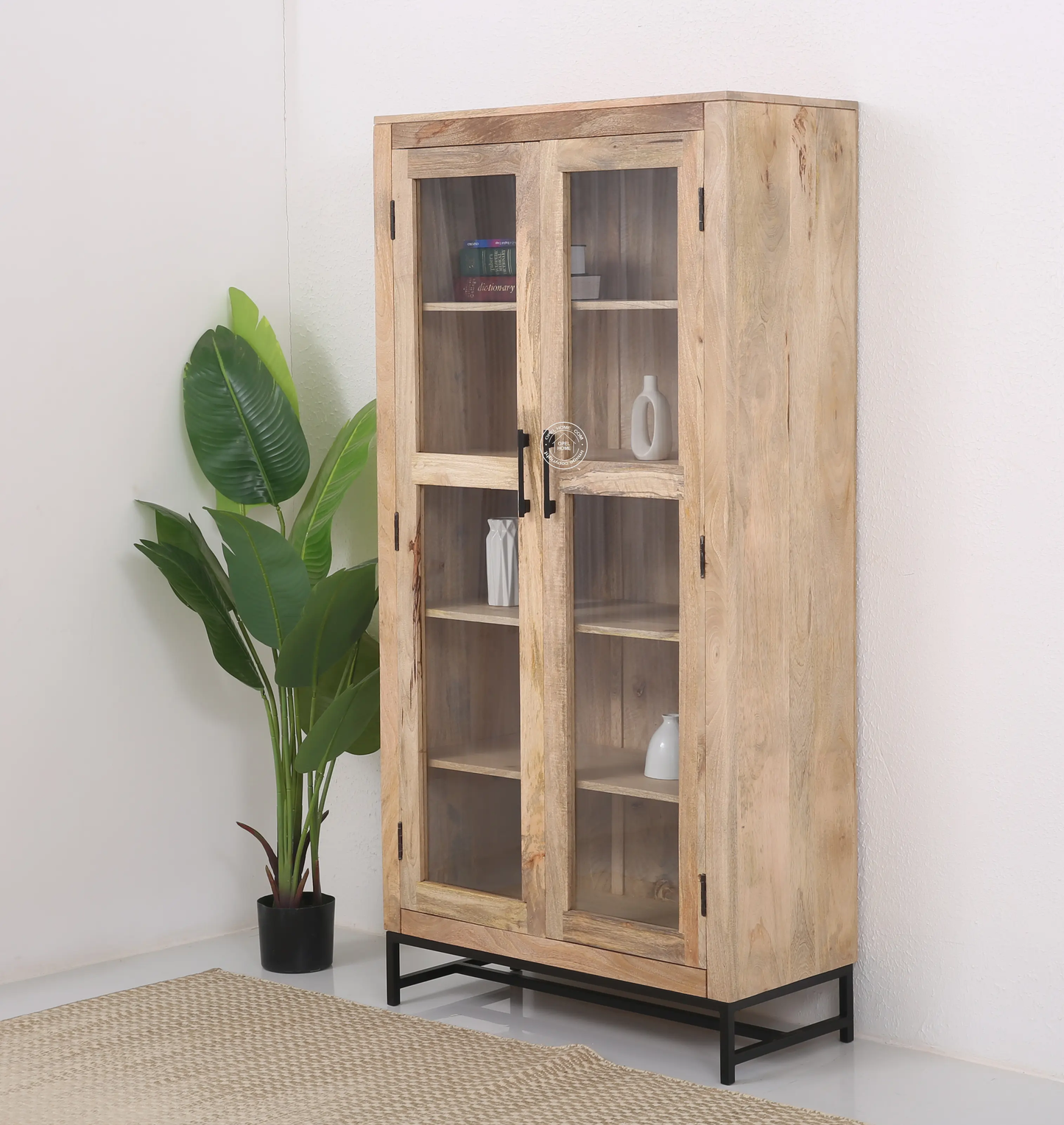 Wine 2 Door Glass Display Unit – Solid Mango Wood, Natural Finish | Opelhome UAE - Opelhome