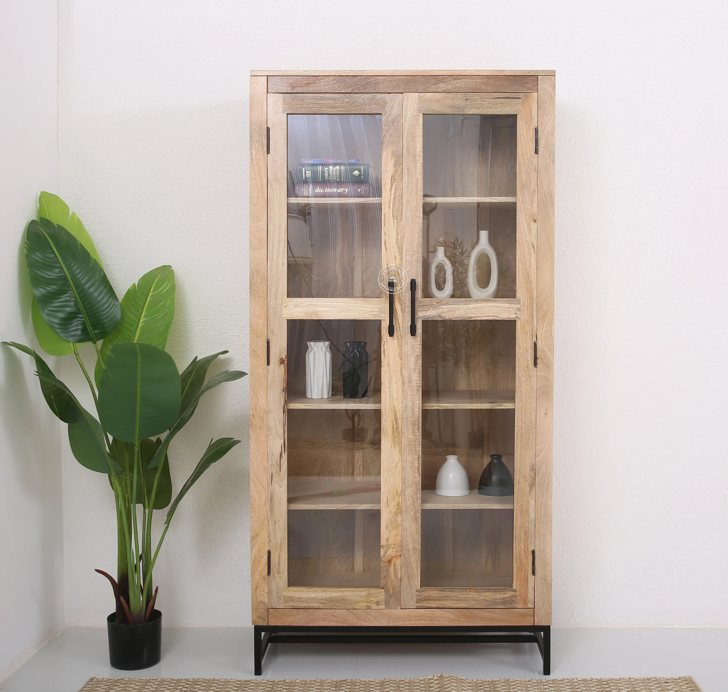 Wine 2 Door Glass Display Unit – Solid Mango Wood, Natural Finish | Opelhome UAE - Opelhome