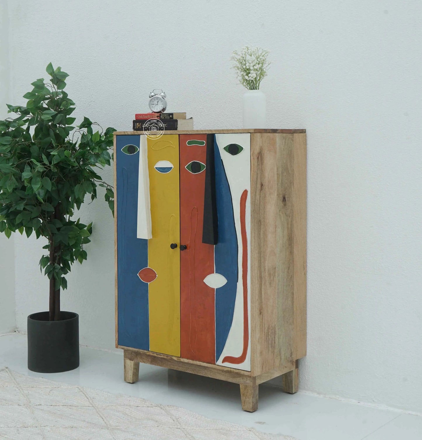 Zahra Wooden Cabinet – 2 Doors, Hand-Painted Design, Solid Mango Wood | Opelhome UAE
