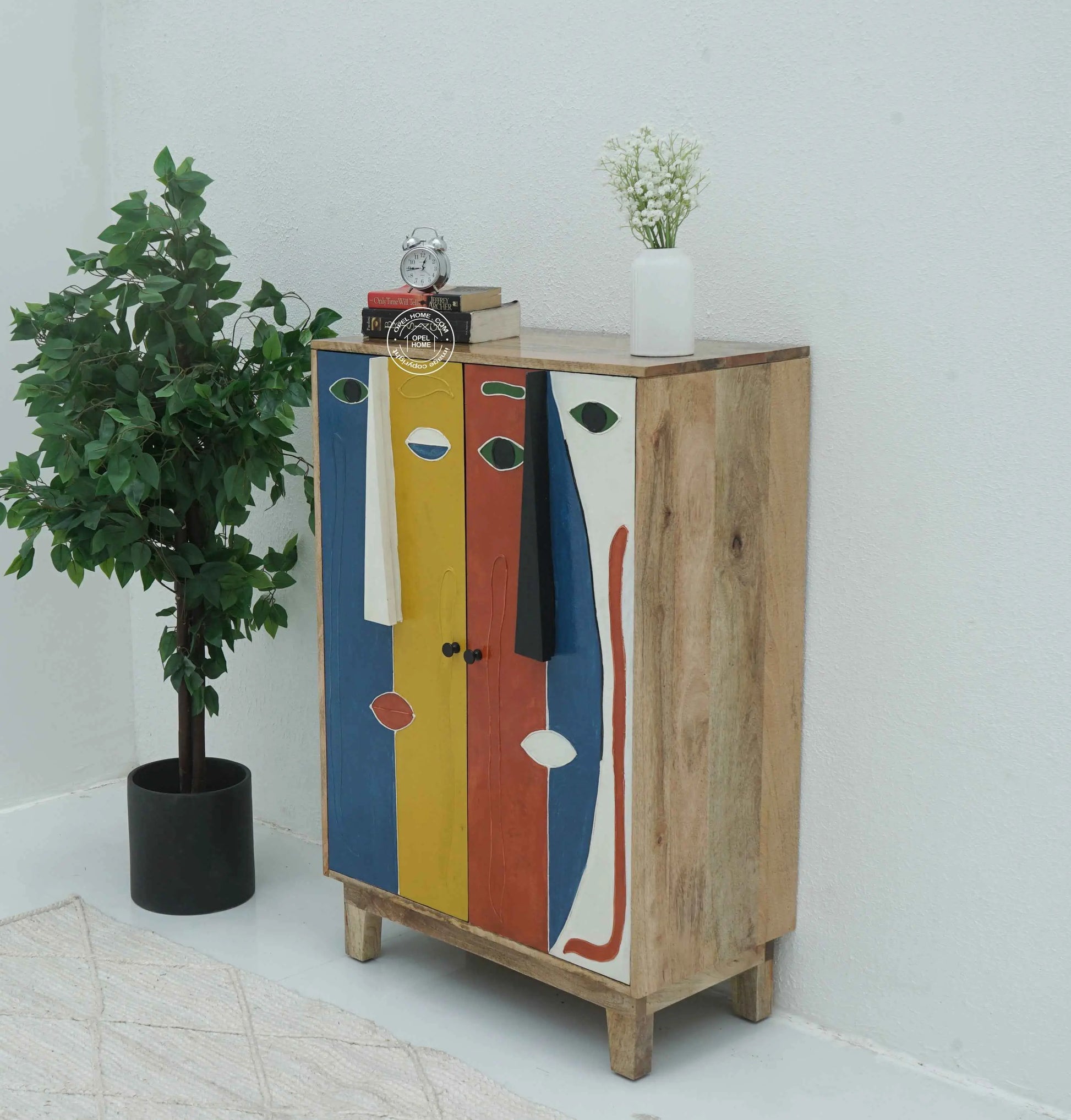 Zahra Wooden Cabinet – 2 Doors, Hand-Painted Design, Solid Mango Wood | Opelhome UAE