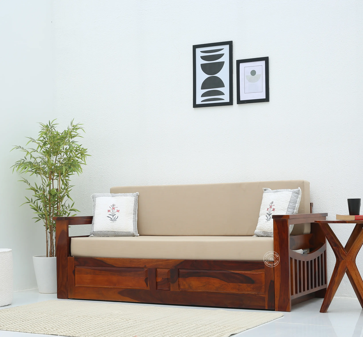 Zentra Wooden Sofa cum Bed With Storage (Honey finish) - Opelhome