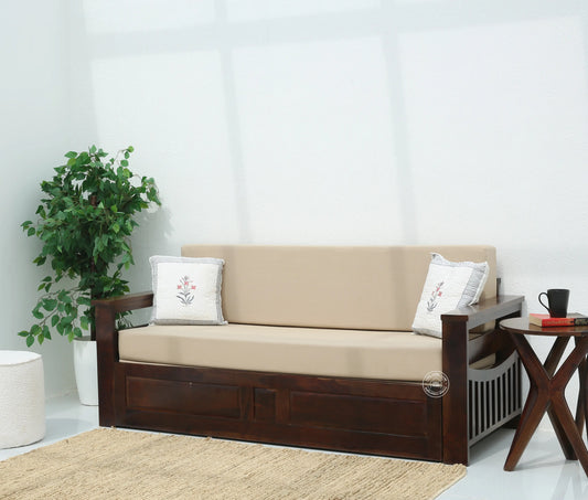 Zentra Wooden Sofa cum Bed With Storage – Solid Rose Wood, Walnut Finish | Opelhome UAE - Opelhome