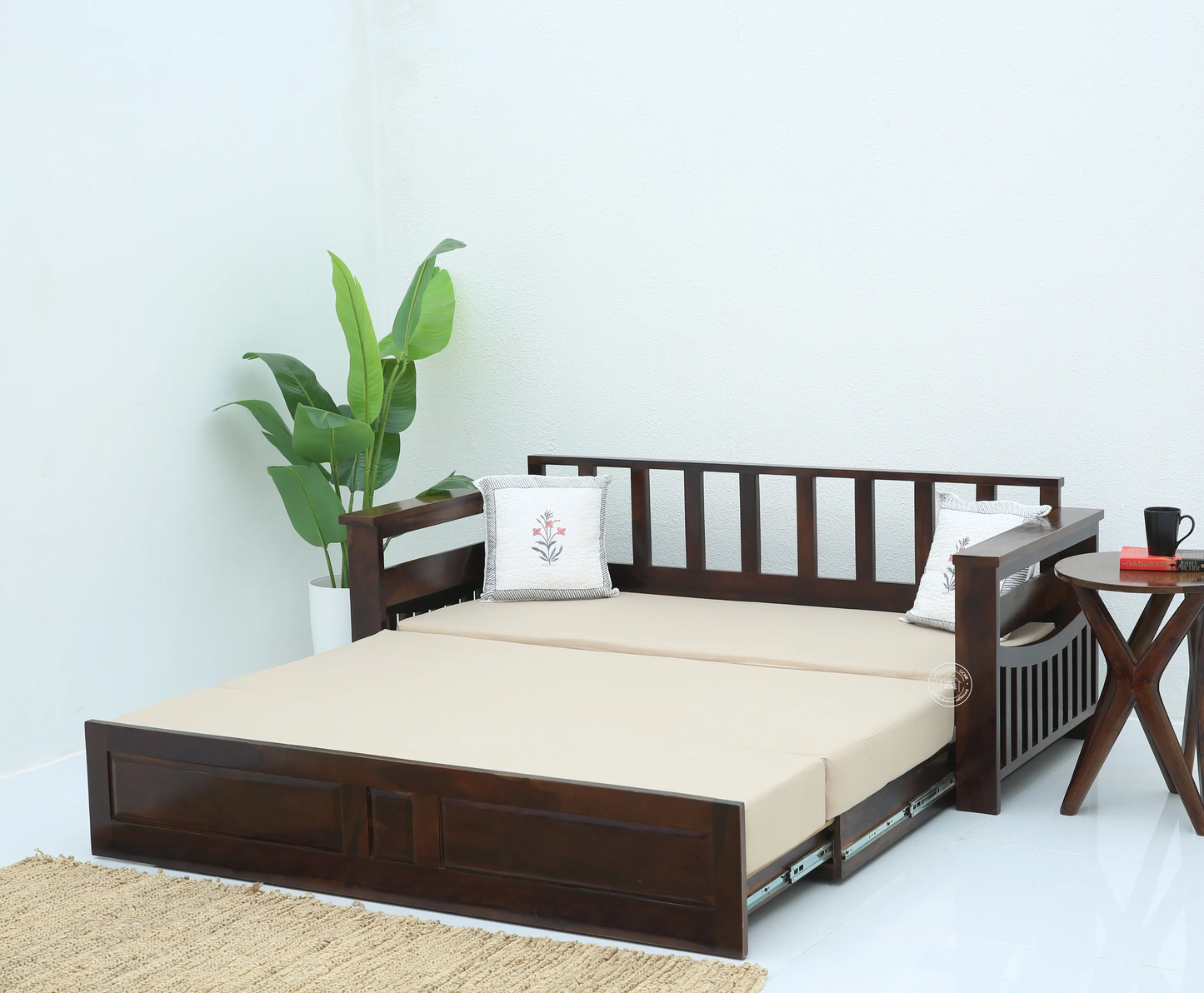 Zentra Wooden Sofa cum Bed With Storage – Solid Rose Wood, Walnut Finish | Opelhome UAE - Opelhome