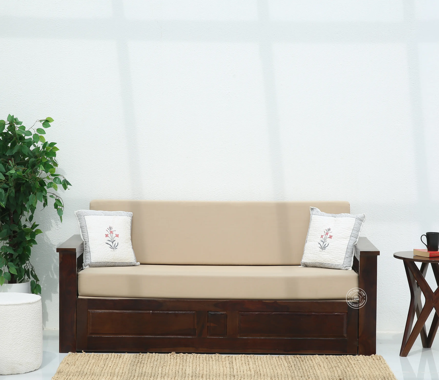 Zentra Wooden Sofa cum Bed With Storage – Solid Rose Wood, Walnut Finish | Opelhome UAE - Opelhome