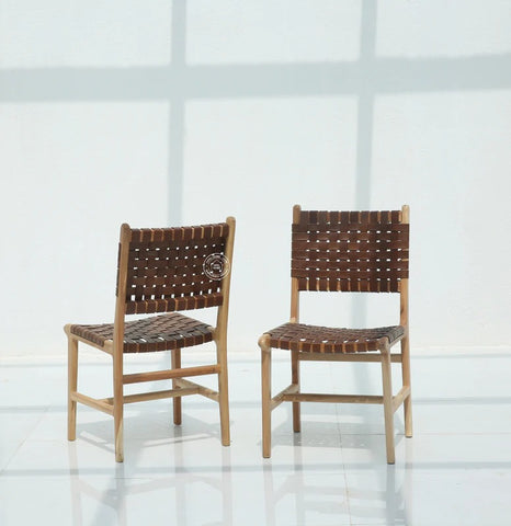 Sobia Leather Acacia Wood Dining Chair – (Only one pcs , Natural finish) | Opelhome UAE