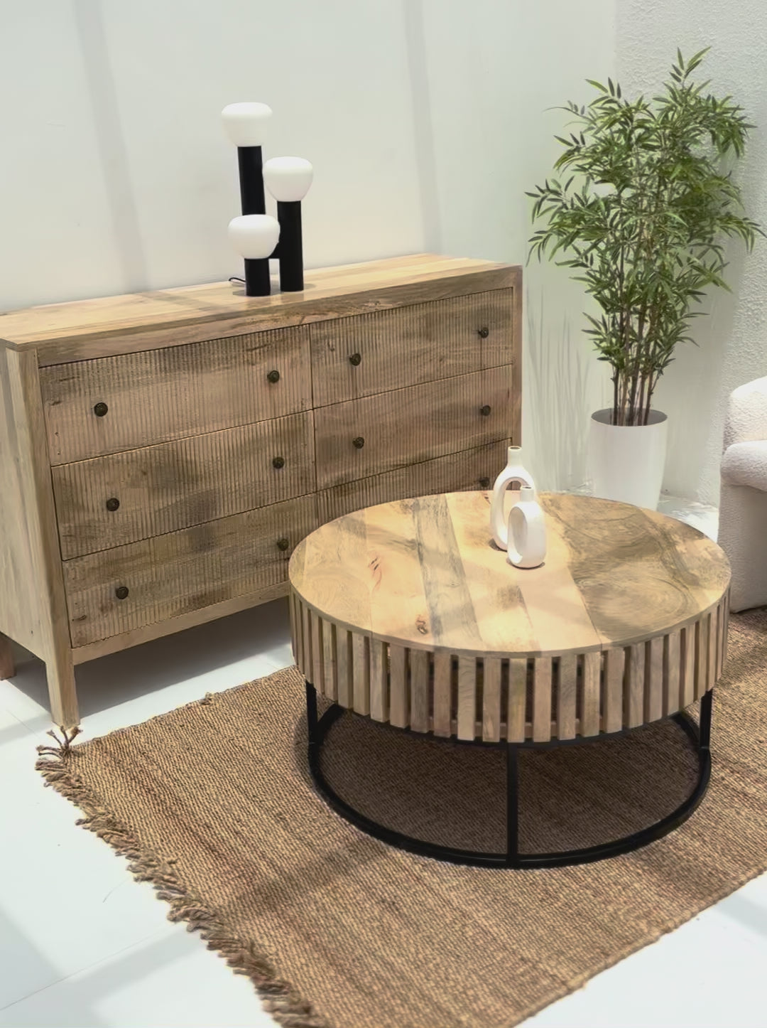 Rolling Wood Round Coffee Table with Black Metal Base