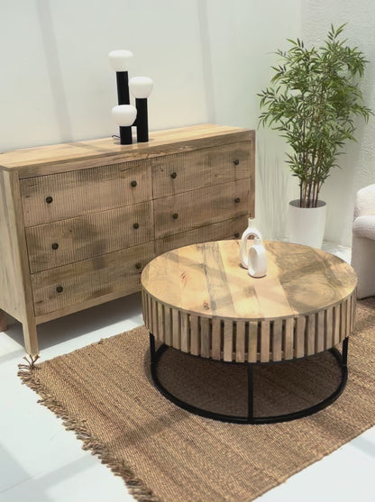 Rolling Wood Round Coffee Table with Black Metal Base – Solid Mango Wood, Natural Finish | Opelhome UAE