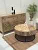 Rolling Wood Round Coffee Table with Black Metal Base