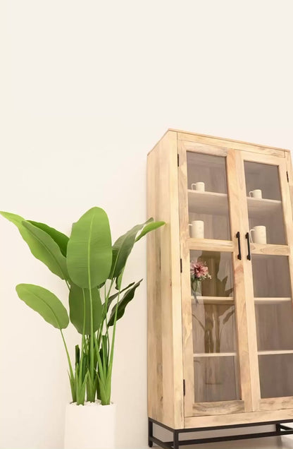 Wine 2 Door Glass Display Unit – Solid Mango Wood, Natural Finish, Tall Cabinet | Opelhome UAE