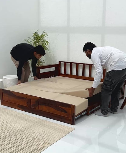 Zentra Wooden Sofa Cum Bed – Storage, Solid Rosewood, Honey Finish | Opelhome UAE