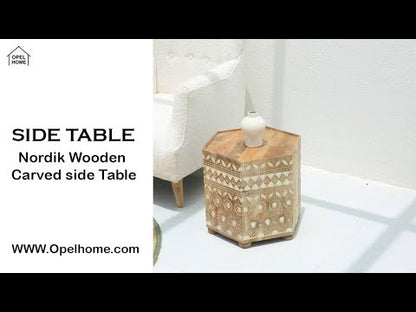 Nordik Wooden Carved Side Table – Solid Mango Wood, Natural Finish | Opelhome UAE
