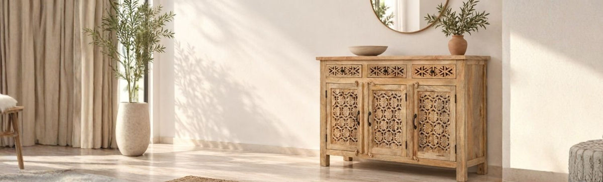 Ashara solid wood three-door three-drawer sideboard in natural finish